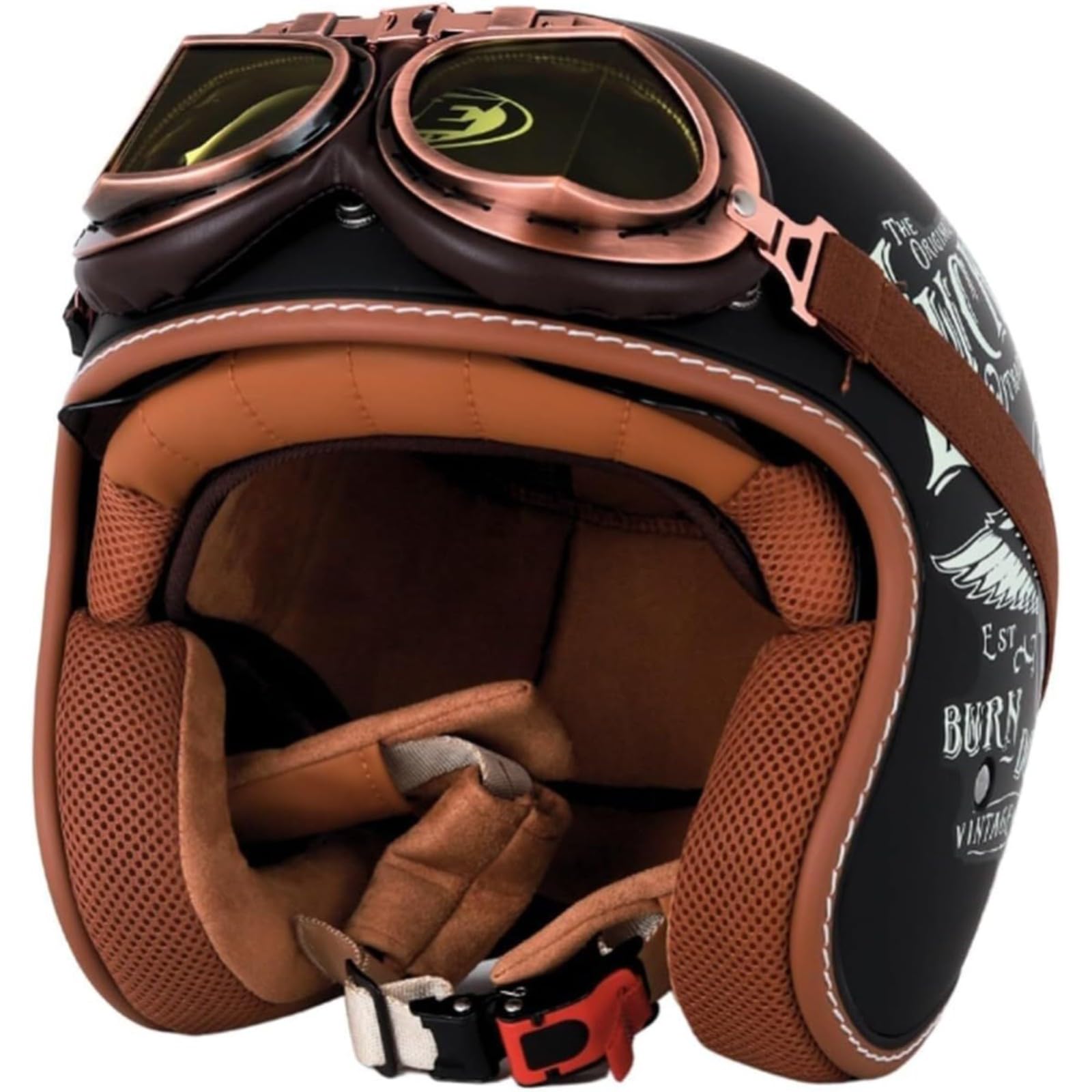 Retro-Jethelm Für Motorräder, ECE-Geprüfter Halbhelm, Offener Motorradhelm Mit Modischer Schutzbrille, 3/4-Helm Für Damen Und Herren, Moped- Und Rollerhelm B,S=55~56CM von BYFHHHH