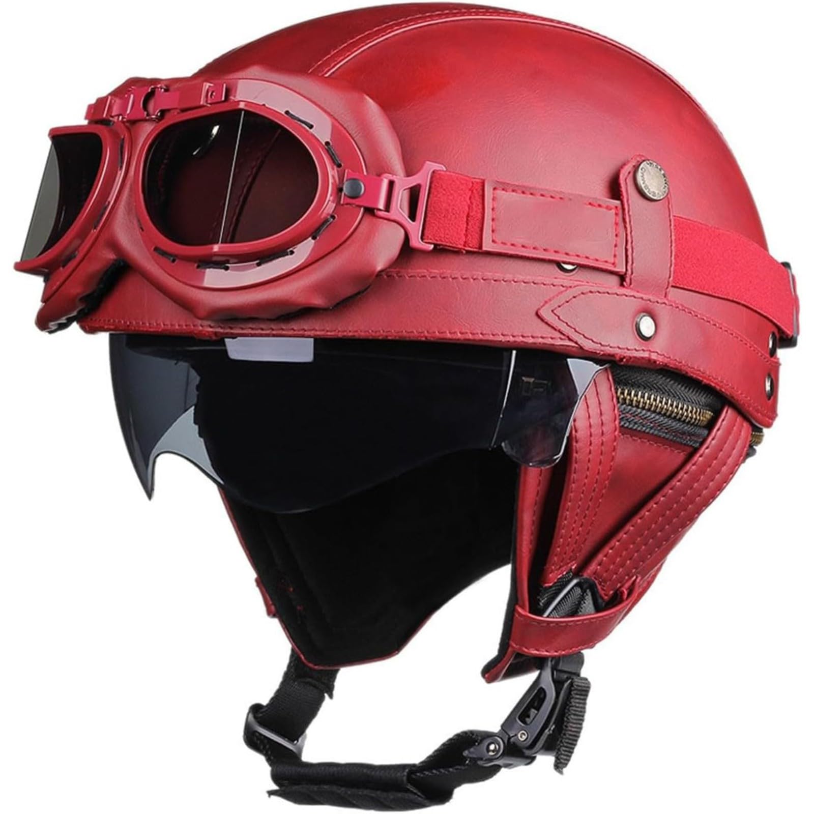 Retro Motorradhelm, ECE-Zertifizierter Lederhelm Jethelme Mopedhelm Mit Schutzbrille Motorrad-Halbhelm Herren Damen Brain-Cap Offener Helm Rollerhelm B,L=59~60CM von BYFHHHH