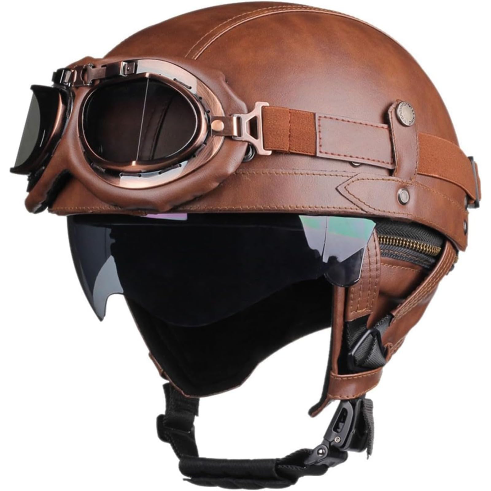 Retro Motorradhelm, ECE-Zertifizierter Lederhelm Jethelme Mopedhelm Mit Schutzbrille Motorrad-Halbhelm Herren Damen Brain-Cap Offener Helm Rollerhelm C,XL=61~62CM von BYFHHHH