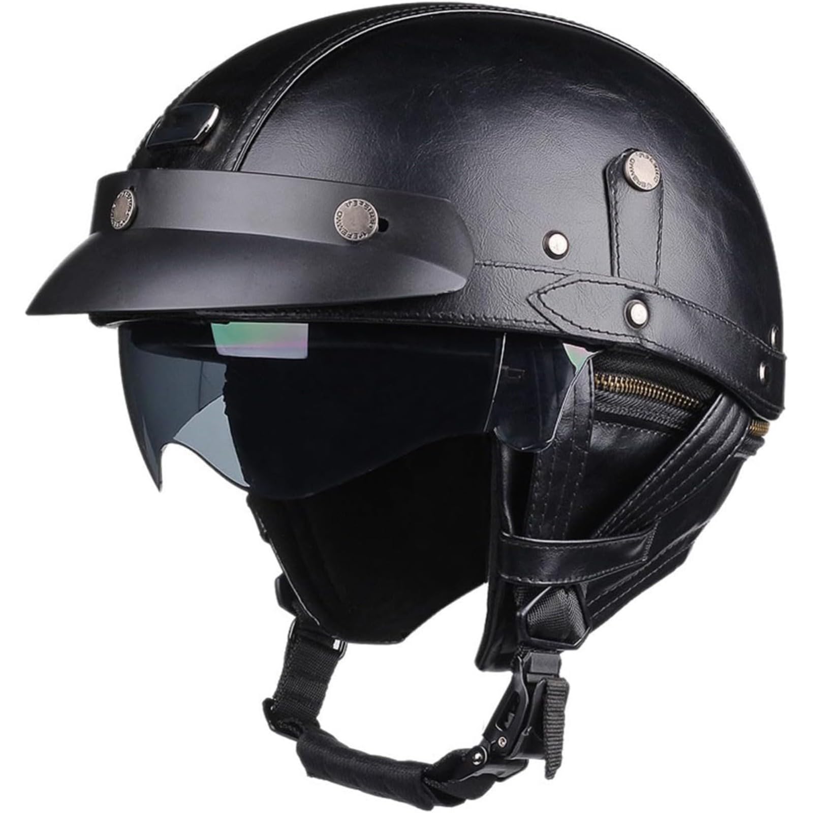 Retro Motorradhelm, ECE-Zertifizierter Lederhelm Jethelme Mopedhelm Mit Schutzbrille Motorrad-Halbhelm Herren Damen Brain-Cap Offener Helm Rollerhelm F,L=59~60CM von BYFHHHH