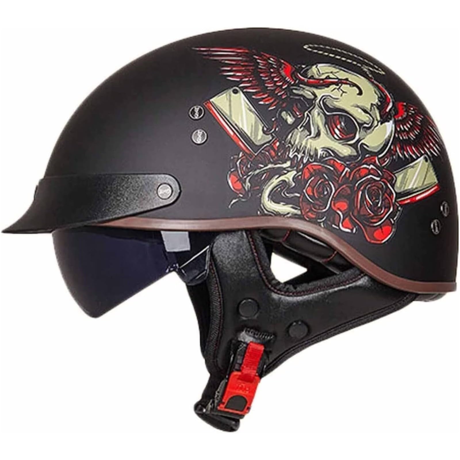 Retro Vintage Halbschalen-Jethelm, Halbschalen-Helm Mit ECE-Geprüfter Brain Cap Halbschalen-Rollerhelm Mit Visier Roller-Helm Chopper-Helm Mofa-Helm E,XL=61~62CM von BYFHHHH