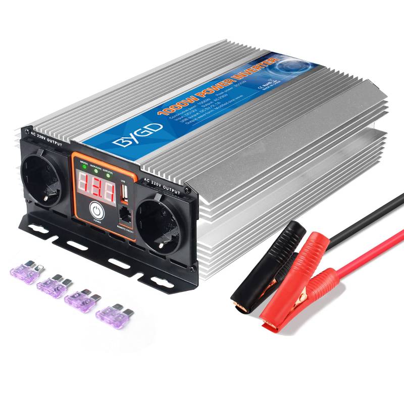 BYGD Spannungswandler 1000W/2000W 12V auf 230V kfz Wechselrichter Stromwandler 12 auf 230 Inverter und 2 Stecker Krokodil Clip für Auto Batterie Inverter DC AC Umwandler Stromwandler von BYGD