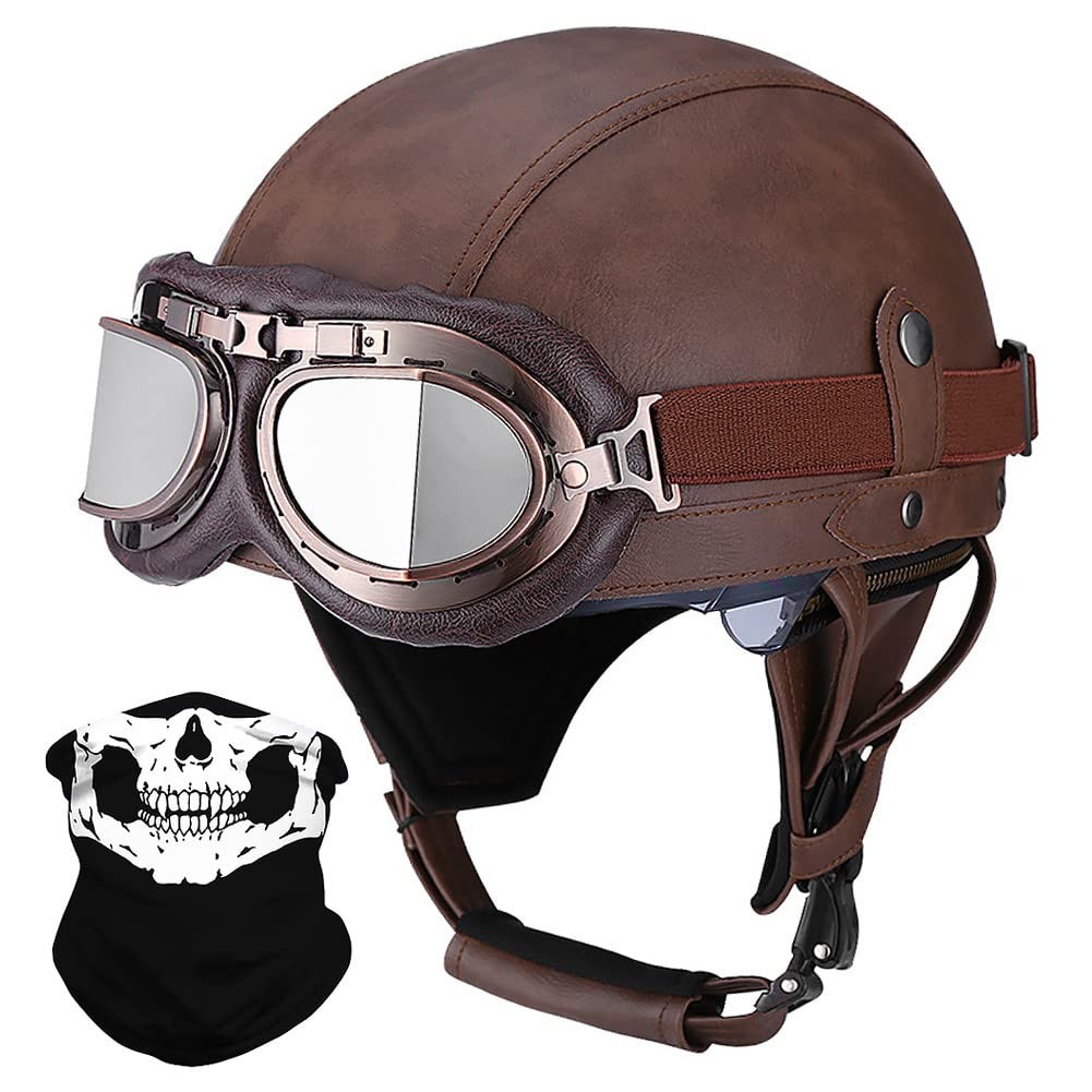 Deutsche Leder Motorrad Halbhelme mit ECE, Vintage Helme mit Schutzbrille, Jethelm Retro, Chopper Helm, Scooter-Helm, Fahrradhelm, mit Sonnenblende und Herausnehmbares Innenfutter von BYGMW