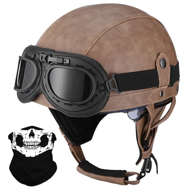 Deutsche Leder Motorrad Halbhelme mit ECE, Vintage Helme mit Schutzbrille, Jethelm Retro, Chopper Helm, Scooter-Helm, Fahrradhelm, mit Sonnenblende und Herausnehmbares Innenfutter von BYGMW