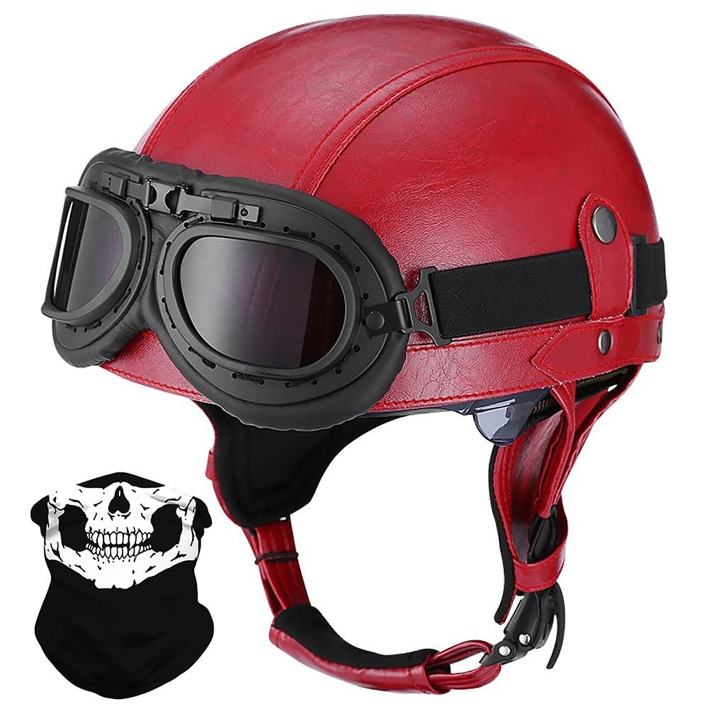 Deutsche Leder Motorrad Halbhelme mit ECE, Vintage Helme mit Schutzbrille, Jethelm Retro, Chopper Helm, Scooter-Helm, Fahrradhelm, mit Sonnenblende und Herausnehmbares Innenfutter von BYGMW