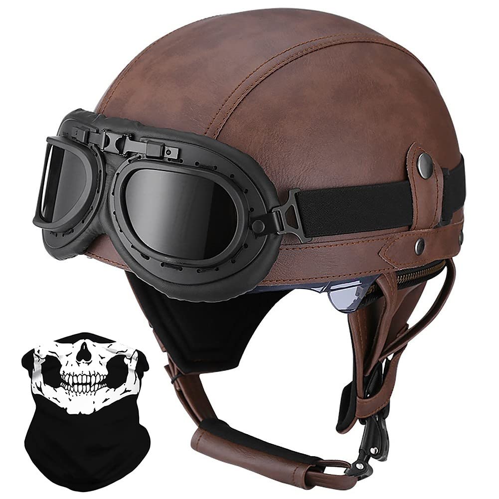 Deutsche Leder Motorrad Halbhelme mit ECE, Vintage Helme mit Schutzbrille, Jethelm Retro, Chopper Helm, Scooter-Helm, Fahrradhelm, mit Sonnenblende und Herausnehmbares Innenfutter von BYGMW