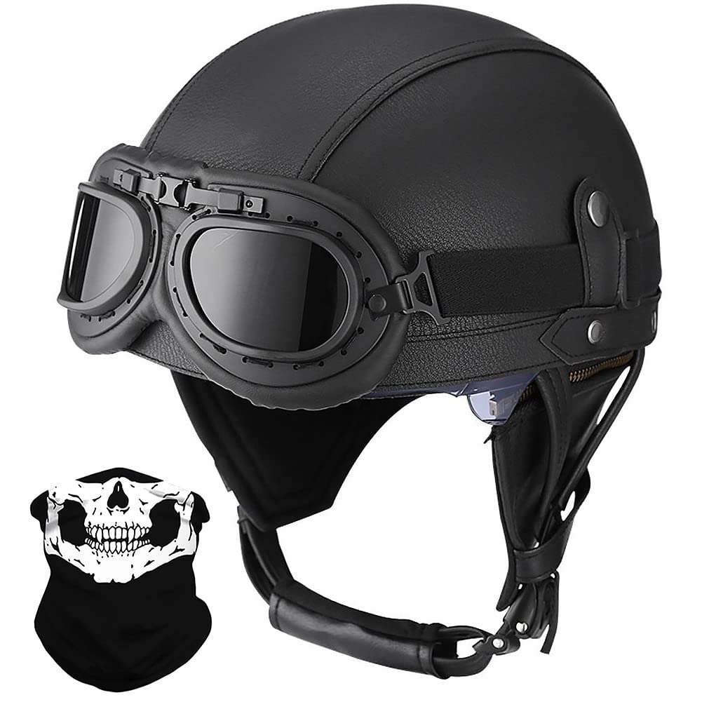 Deutsche Leder Motorrad Halbhelme mit ECE, Vintage Helme mit Schutzbrille, Jethelm Retro, Chopper Helm, Scooter-Helm, Fahrradhelm, mit Sonnenblende und Herausnehmbares Innenfutter von BYGMW