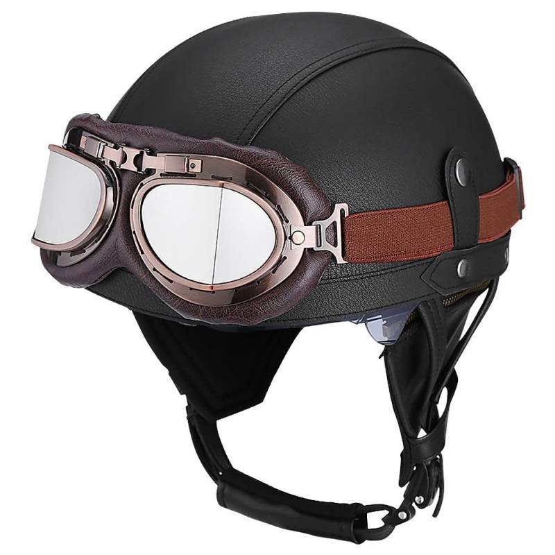 Deutsche Leder Motorrad Halbhelme mit ECE, Vintage Helme mit Schutzbrille, Jethelm Retro, Chopper Helm, Scooter-Helm, Offenem Helm, mit Sonnenblende und Herausnehmbares Innenfutter von BYGMW