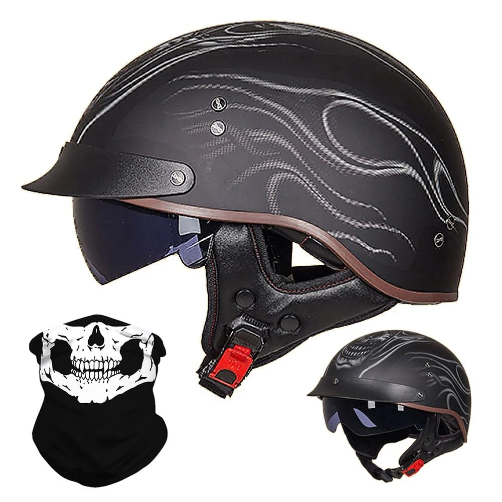 Retro Motorradhalbhelm, Halbschalenhelm mit ECE, Jethelm Retro, Chopper Helm, Retro Motorrad Helm, Scooter-Helm, Offenem Helm, mit Sonnenblende, für Männer und Frauen M~XXL von BYGMWEP