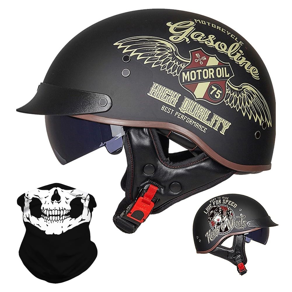 Retro Motorradhalbhelm, Halbschalenhelm mit ECE, Jethelm Retro, Chopper Helm, Retro Motorrad Helm, Scooter-Helm, Offenem Helm, mit Sonnenblende, für Männer und Frauen M~XXL von BYGMWEP