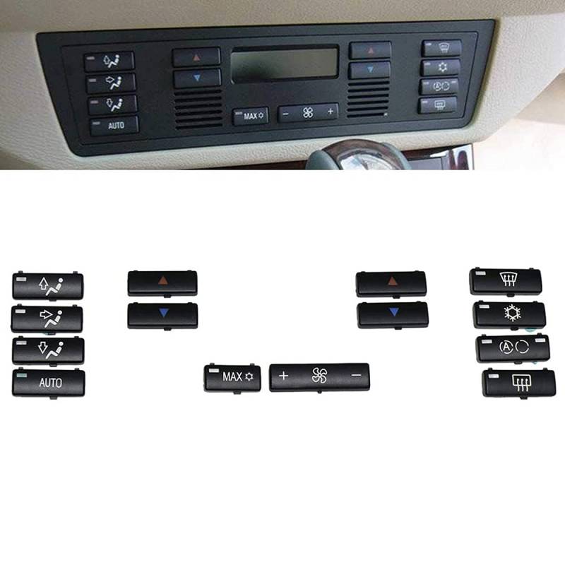 A/C Bedienfeld Schalter Tasten Abdeckung für X5 E53 1999-2006 5er E39 1996-2002 Auto Innenraum Klimaanlage Taste Schalterknopf Abdeckung ABS Schlüsselkappen Schwarz-14PCS von BYNYXI