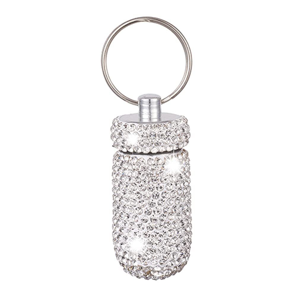 BYNYXI Glitzer Pillendose Schlüsselanhänger, Bling Pillenbox Schlüsselanhänger Mini Tragbare Pillenhalter Aluminium wasserdichte Pillendose mit Schlüsselring Keychain Tablettendose Schlüsselanhänger von BYNYXI