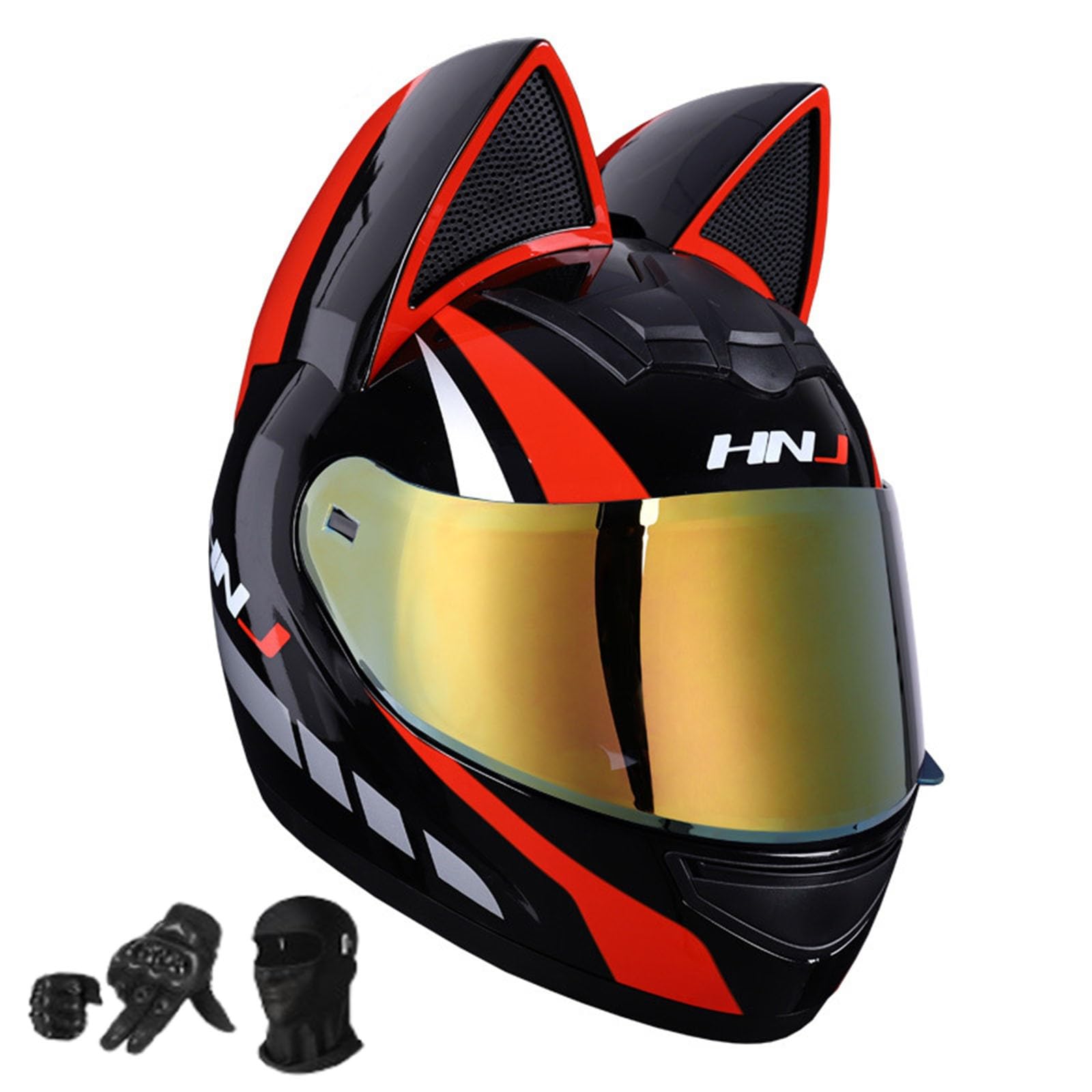 Frauen mit Katzenohren Persönlichkeit Motorradhelm mit Katzenohren Integral-Motorradhelme für (Handschuhe/Maske) ECE-Zertifizierung Integralhelm 7,M54-56CM von BYOUQ