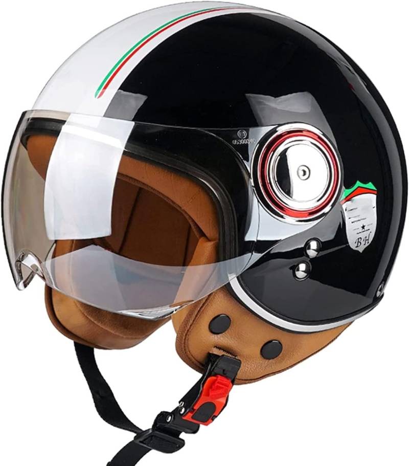 Jet-Helm mit Visier, Retro Pilot-Helm für Brillen-Träger, Roller-Helm für Frauen und Herren im Vintage-Look, Motorrad-Helm, Qualität nach ECE-Norm C,XL59-60CM von BYOUQ