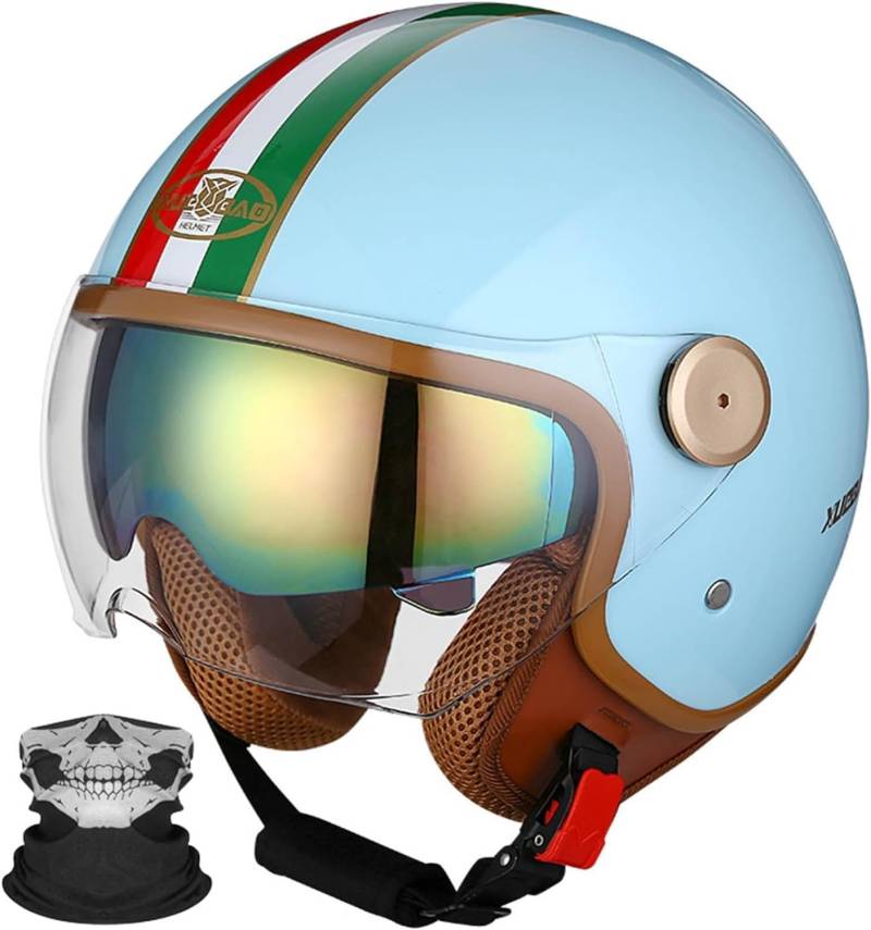 Motorrad-Helm Jet-Helm mit Visier, Retro Pilot-Helm für Brillen-Träger, Roller-Helm für Frauen und Herren im Vintage-Look, ECE-Norm B,L59-60CM von BYOUQ