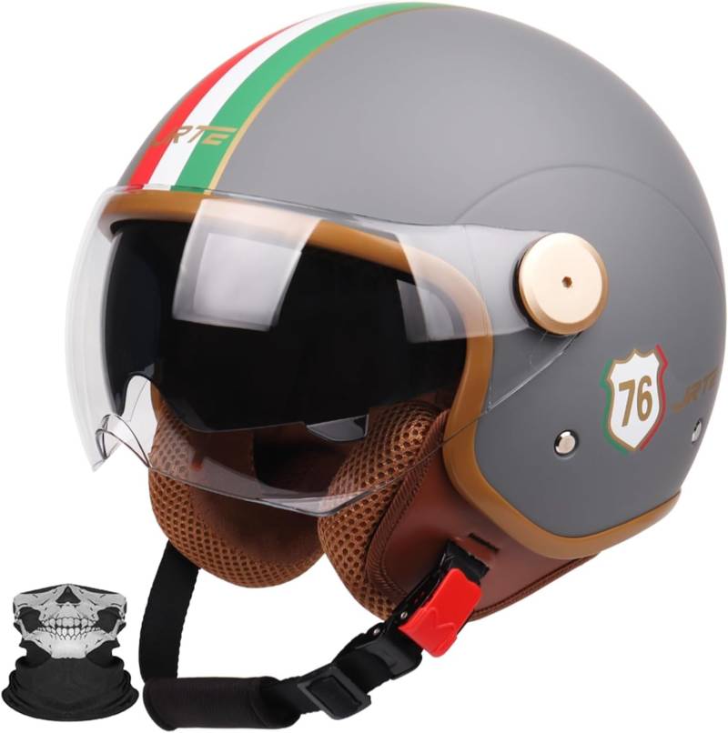 Motorrad-Helm Jet-Helm mit Visier, Retro Pilot-Helm für Brillen-Träger, Roller-Helm für Frauen und Herren im Vintage-Look, ECE-Norm F,S56-57CM von BYOUQ