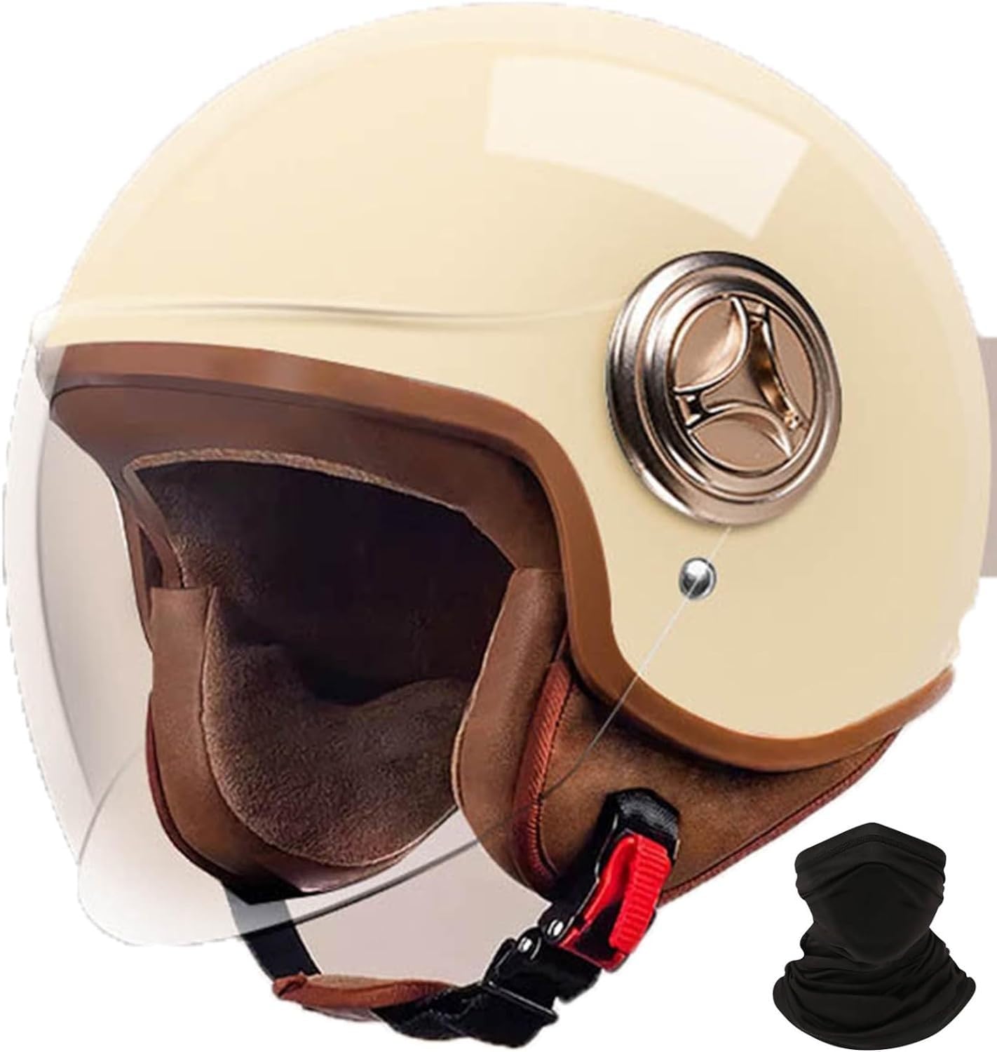 Retro-Motorradhelm Rollerhelm mit Visier offener halber Jethelm, Mopedhelm für Erwachsene Männer und Frauen DOT/ECE-geprüft D,L58-60CM von BYOUQ