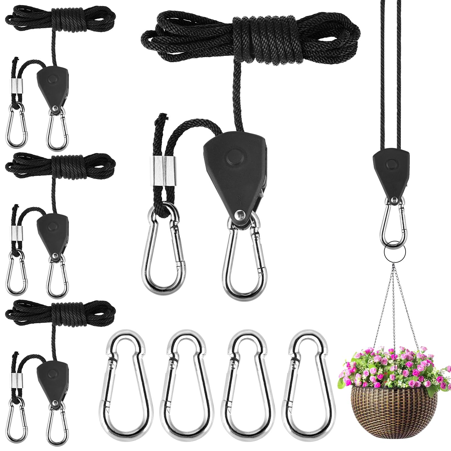 4er Pack Seilratsche mit Haken - Flaschenzug mit Seilbremse - 2 m Verstellbarer Seilspanner - Verstärkt, 75 kg Tragfähigkeit - Perfekt als Abspannseile Camping und Zeltschnur mit Spanner von Bafumiu