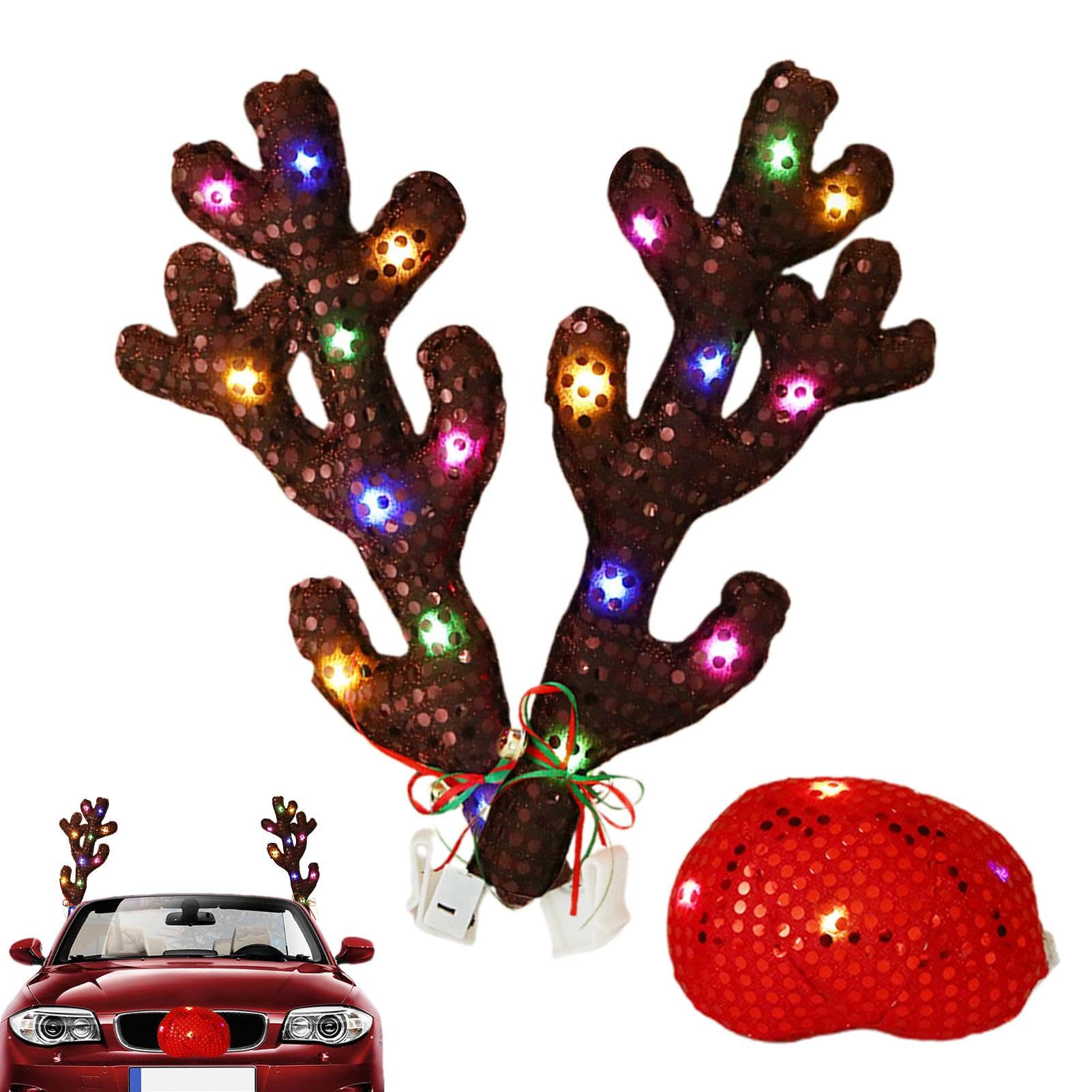 Rentier Auto Weihnachtsdekor, Weihnachtsdeko Auto, Rentiergeweihe Auto Weihnachtsdeko, Rentier-Set mit LED-Lichtern, lustiges Auto-Zubehör von Bajbumgn