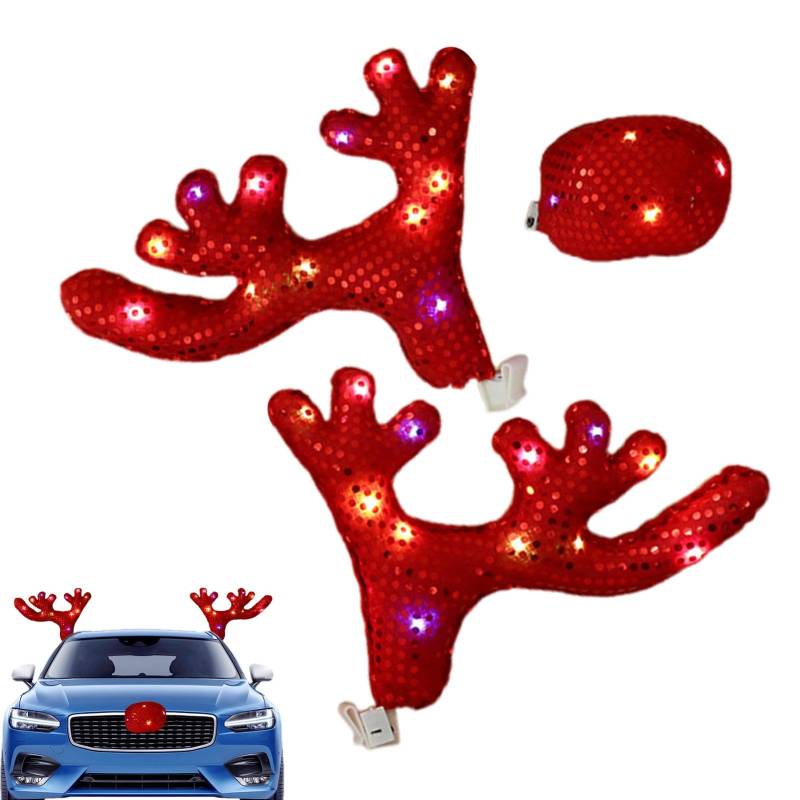 Rentier Auto Weihnachtsdekor, Weihnachtsdeko Auto, Rentiergeweihe Auto Weihnachtsdeko, Rentier-Set mit LED-Lichtern, lustiges Auto-Zubehör von Bajbumgn