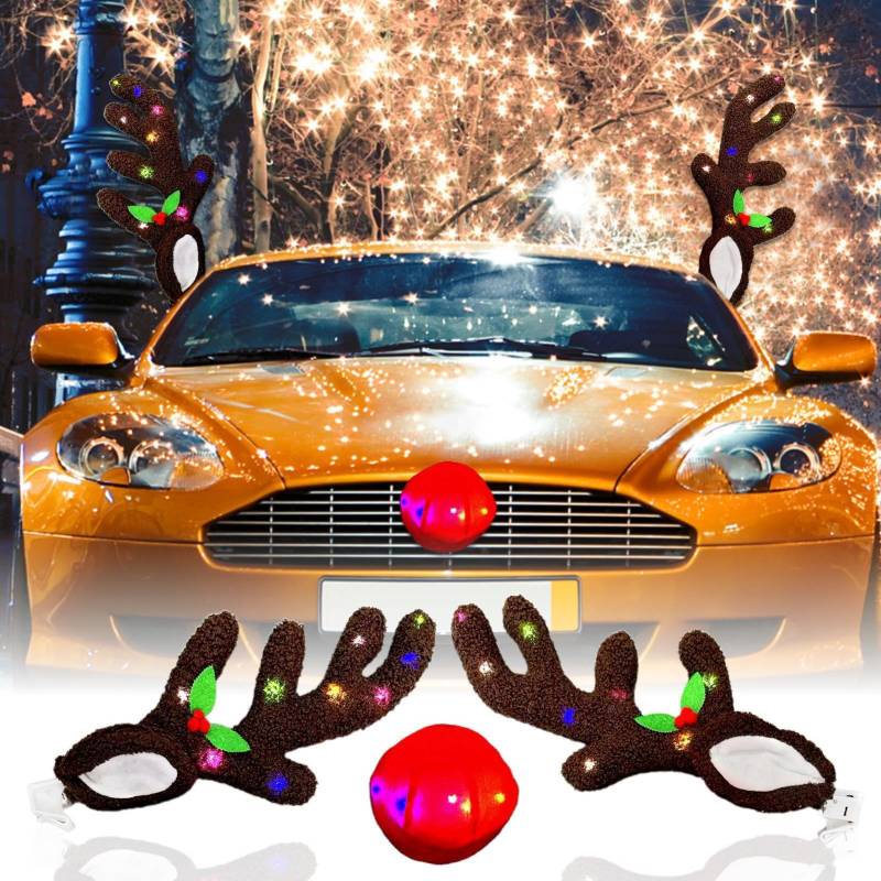 Rentier Auto Weihnachtsdekor, Weihnachtsdeko Auto, Rentiergeweihe Auto Weihnachtsdeko, Rentier-Set mit LED-Lichtern, lustiges Auto-Zubehör von Bajbumgn