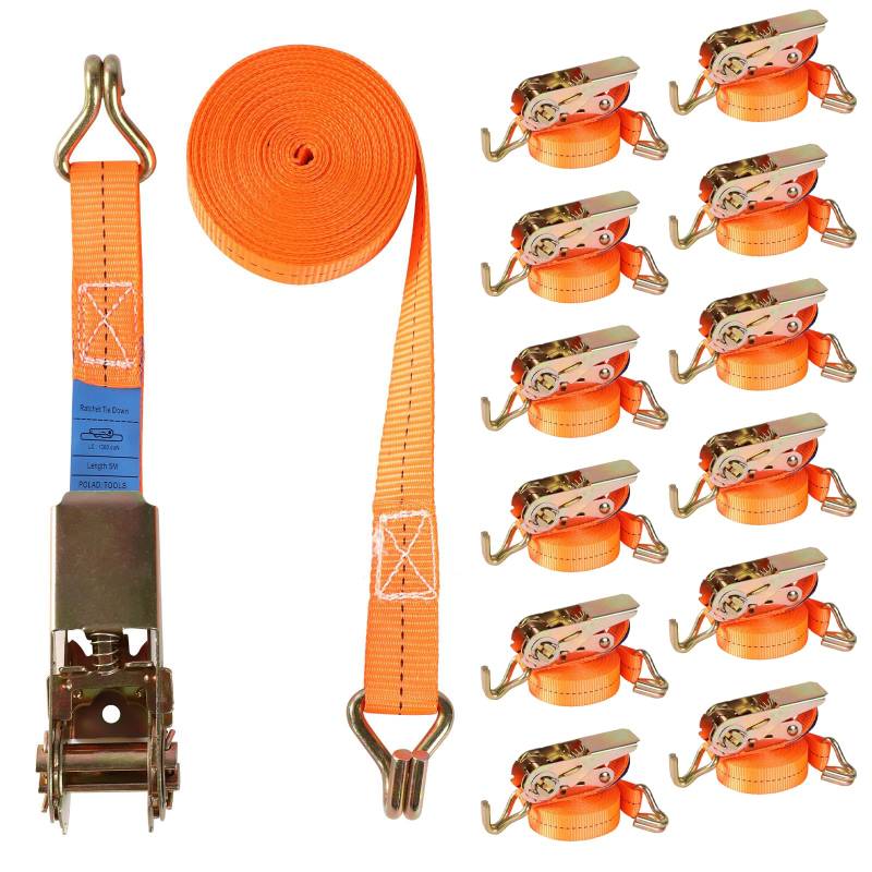 Baketron Spanngurte mit Ratsche und Haken 12er Set, 25mm breit 4m lang, bis 1000kg, Spanngurt orange, Zurrgurte für Ladungssicherung,TÜV/GS Geprüft,Zweiteilig Ratschen Set von Baketron