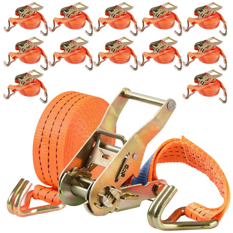 Baketron Spanngurte mit Ratsche und Haken - 6m 3000kg 40mm - 12 Stück - Ratschen Set - Ratschengurt 2-Teilig - Spanngurt Orange - Zurrgurte für Ladungssicherung - TÜV/GS Geprüft von Baketron