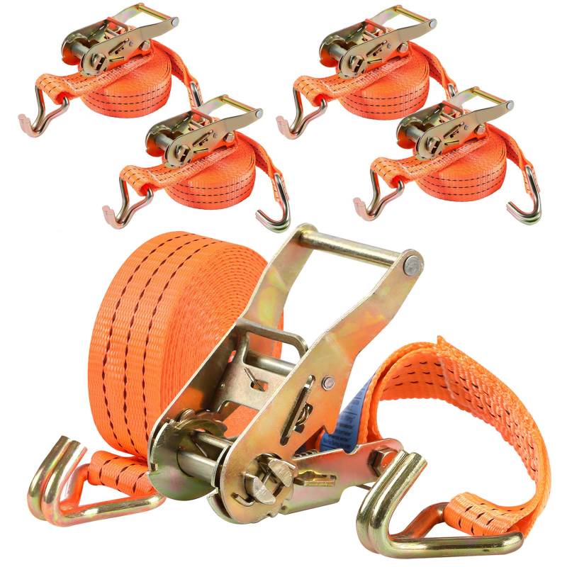 Baketron Spanngurte mit Ratsche und Haken - 6m 3000kg 40mm - 4 Stück - Ratschen Set - Ratschengurt 2-Teilig - Spanngurt Orange - Zurrgurte für Ladungssicherung - TÜV/GS Geprüft von Baketron