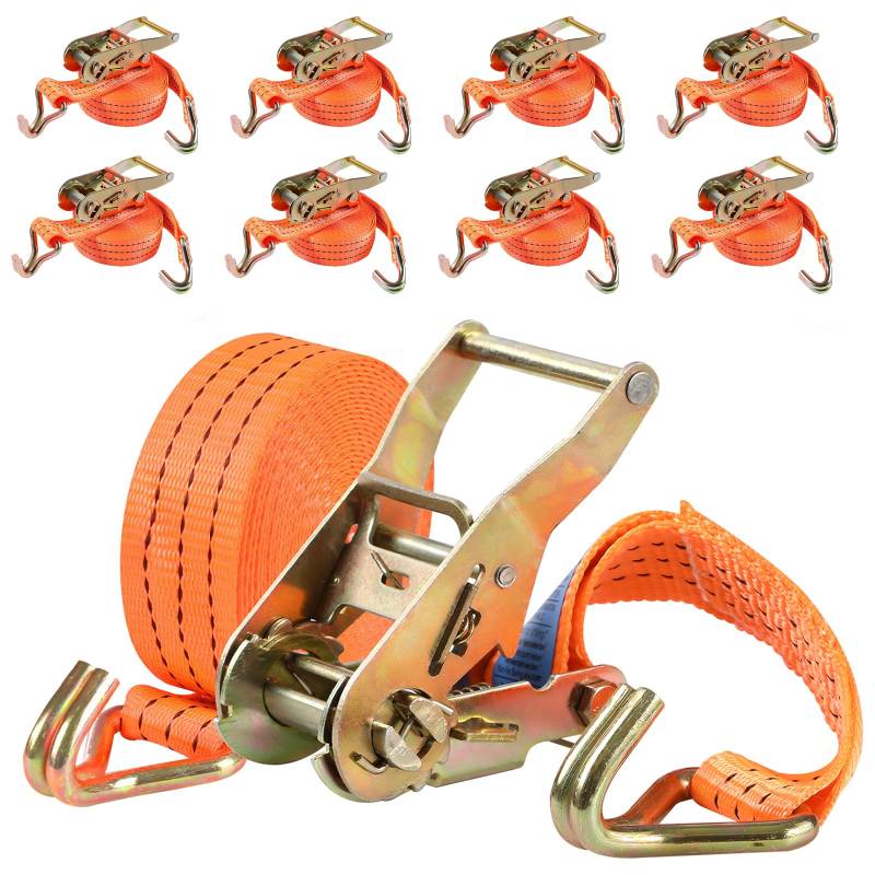 Baketron Spanngurte mit Ratsche und Haken - 6m 3000kg 40mm - 8 Stück - Ratschen Set - Ratschengurt 2-Teilig - Spanngurt Orange - Zurrgurte für Ladungssicherung - TÜV/GS Geprüft von Baketron