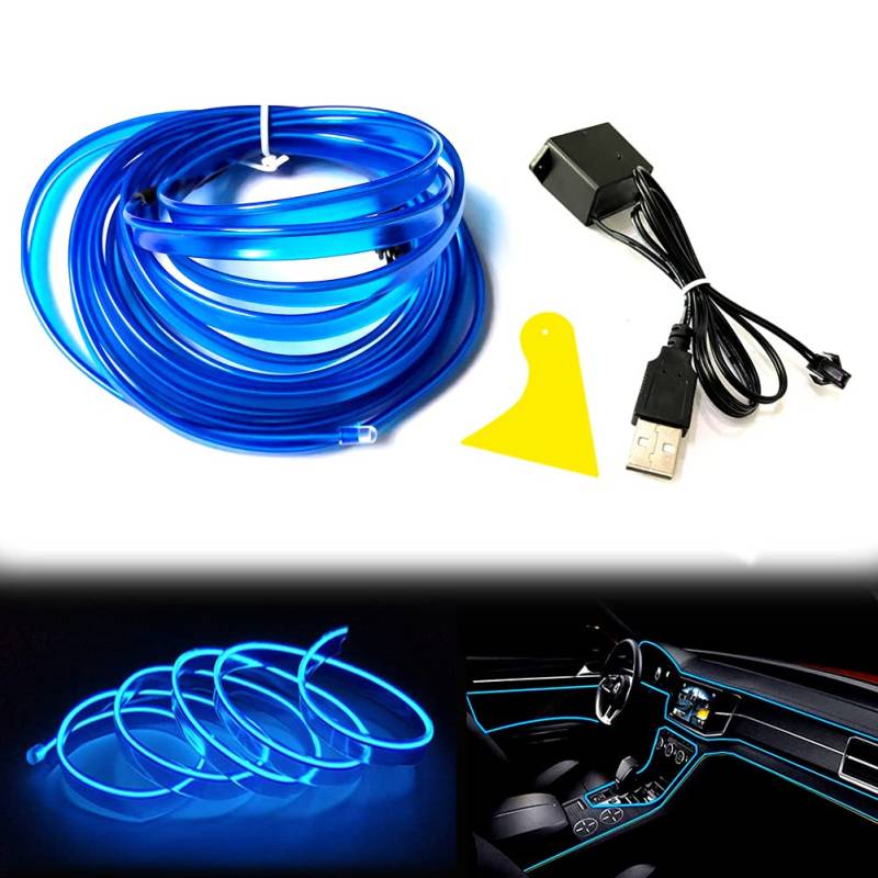 Balabaxer El Wire Blau Innenraum Auto LED Streifen Lichter 5M Neon Draht USB 5V mit Sicherung Schutz für Automotive Auto Innendekoration mit 6mm Nähkante von Balabaxer