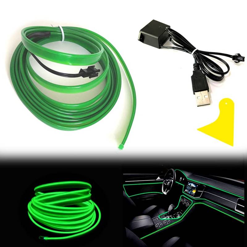 Balabaxer El Wire Grüner LED-Streifen für den Innenbereich, 5 m, Neondraht, USB, 5 V, mit Sicherungsschutz für Auto-Innendekoration mit 6 mm Nähkante von Balabaxer