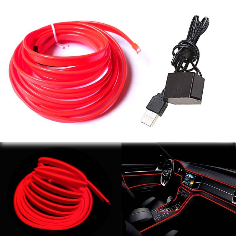 Balabaxer USB EL-Wire Rot, 3M/9.8FT Flexible Neonlichtröhre DC 5V Neonröhre Innenraumlichtleiste für Autoinnenraum, Lücke Dekorationsbeleuchtung. von Balabaxer