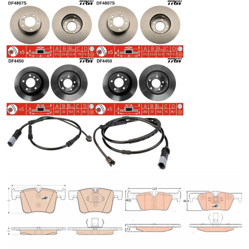 TRW Bremsscheiben + Beläge vorne + hinten passend für 1er F20 F21 2er F22 F23 von BandelOne