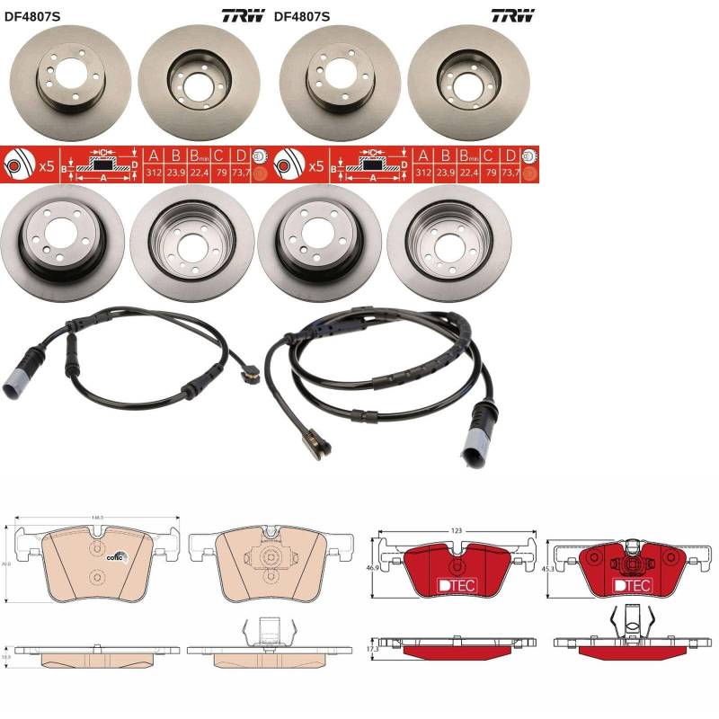 TRW Bremsscheiben + Beläge vorne + hinten passend für 3er F30 F31 F34 von BandelOne