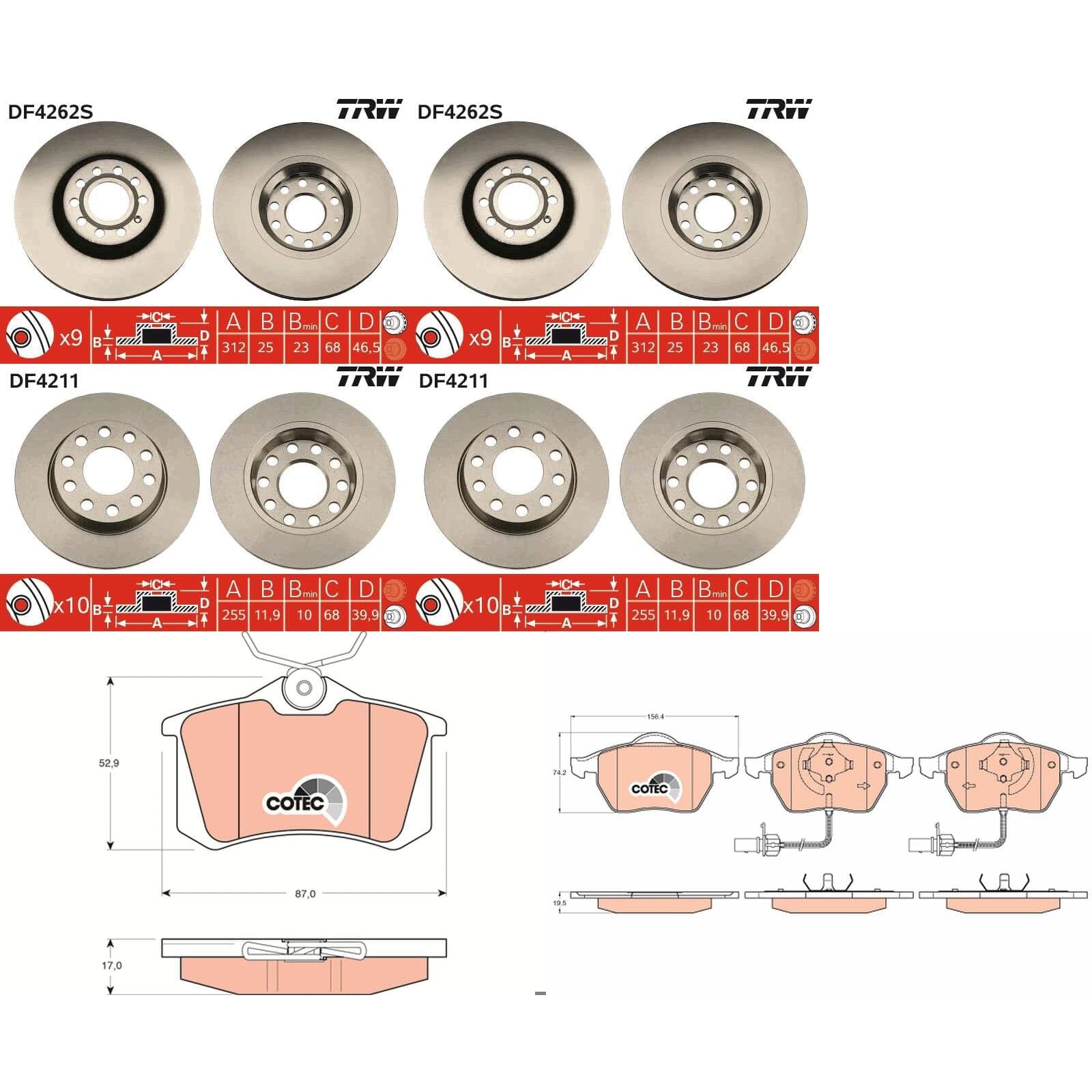 TRW Bremsscheiben + Beläge vorne + hinten passend für A4 8E B6 B7 + EXEO 3R von BandelOne