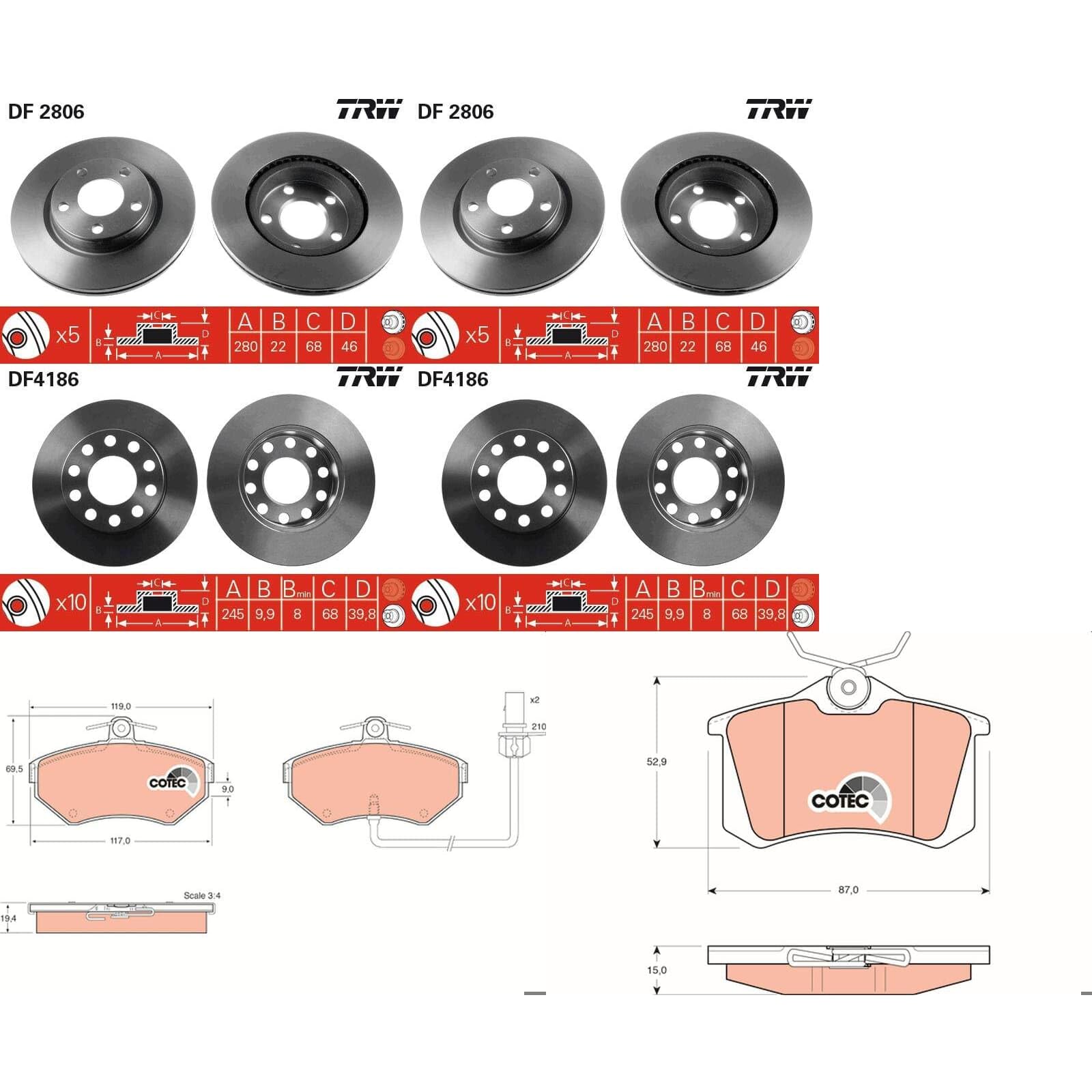 TRW Bremsscheiben + Beläge vorne + hinten passend für A4 8E B6 B7 EXEO von BandelOne