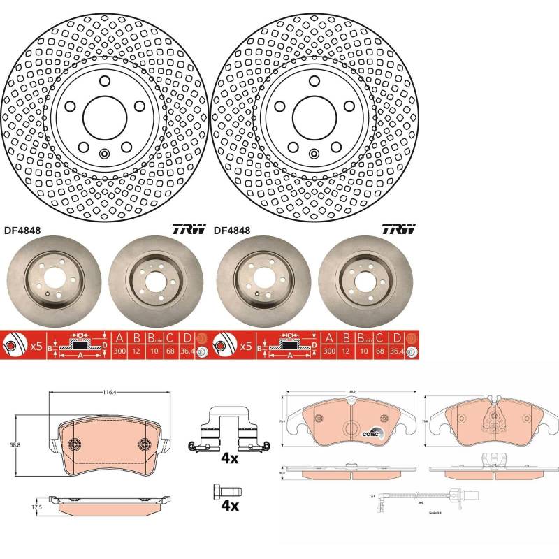 TRW Bremsscheiben + Beläge vorne + hinten passend für A4 8K B8 + A5 8T 8F von BandelOne