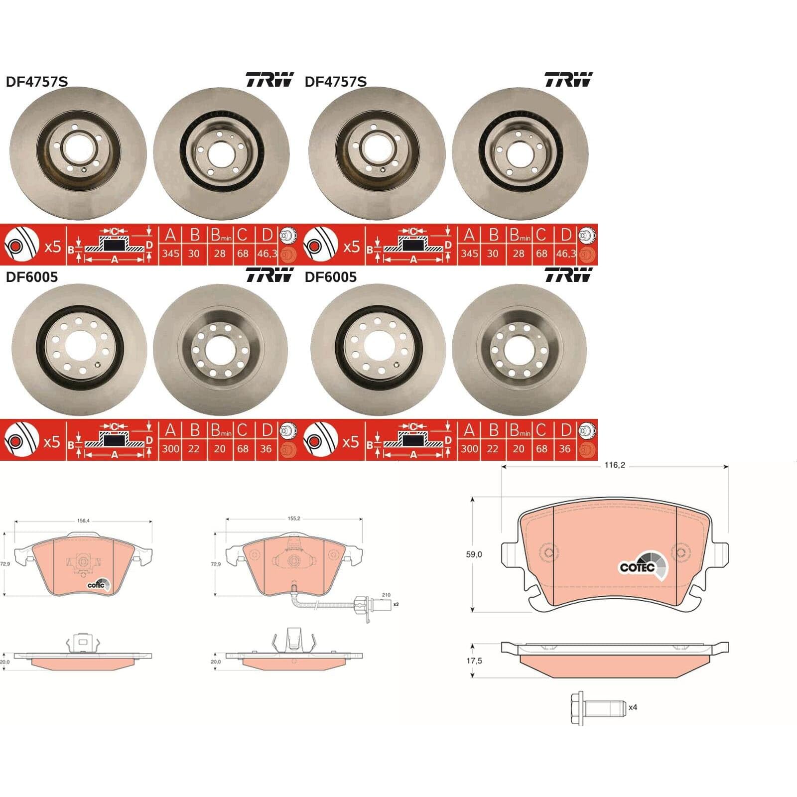 TRW Bremsscheiben + Beläge vorne + hinten passend für A4 B6 B7 8E 8H S4 von BandelOne