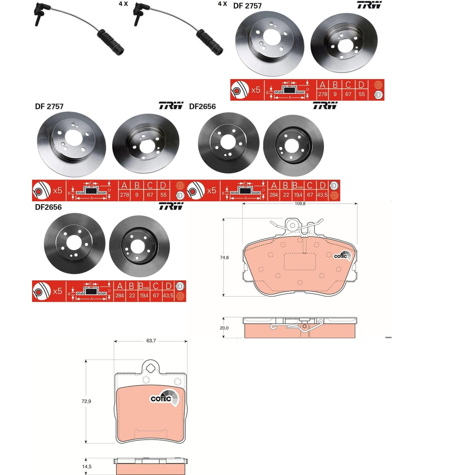 TRW Bremsscheiben + Beläge vorne + hinten passend für C-Klasse S202 von BandelOne