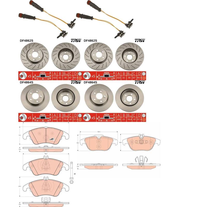 TRW Bremsscheiben + Beläge vorne + hinten passend für E-Klasse A207 C207 von BandelOne