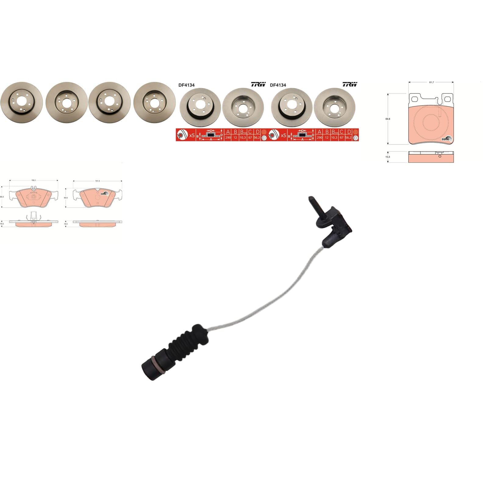 TRW Bremsscheiben + Beläge vorne + hinten passend für E-Klasse S210 von BandelOne