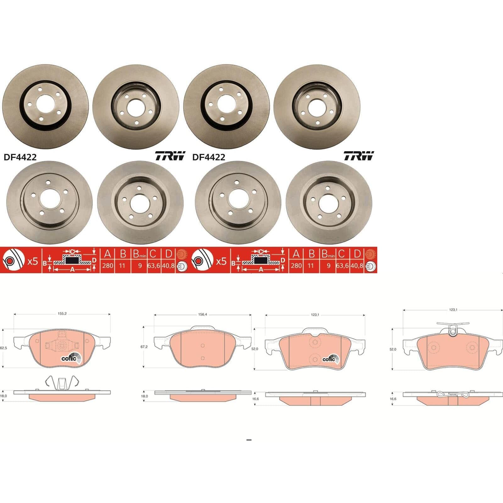 TRW Bremsscheiben + Beläge vorne + hinten passend für Focus 2 MK2 + C-Max von BandelOne