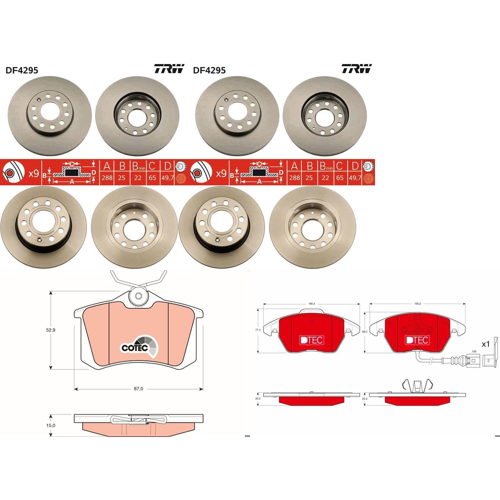 TRW Bremsscheiben + Beläge vorne + hinten passend für Golf 5 6 A3 Leon Octavia von BandelOne