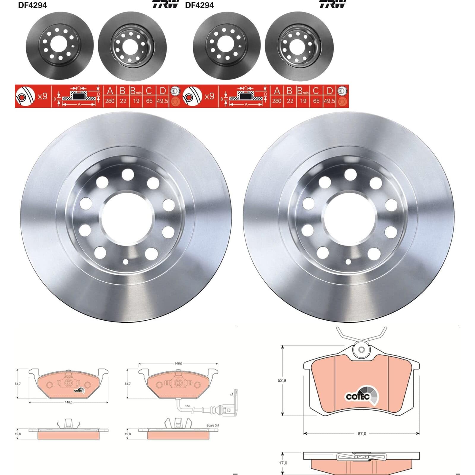 TRW Bremsscheiben + Beläge vorne + hinten passend für Golf 5 6 A3 Octavia Leon von BandelOne