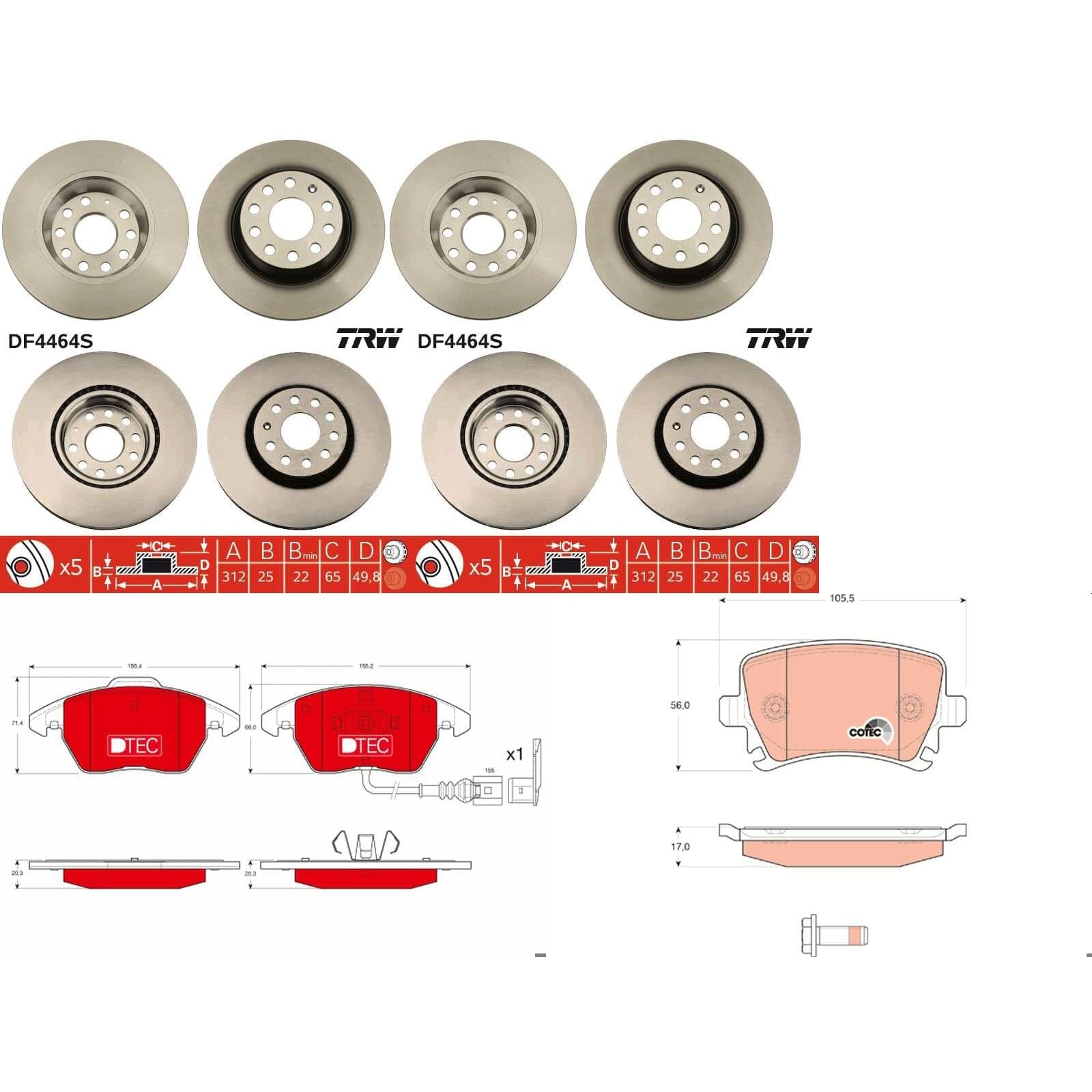 TRW Bremsscheiben + Beläge vorne + hinten passend für Golf 5 6 A3 von BandelOne