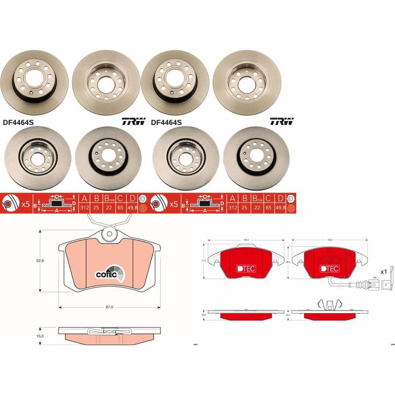 TRW Bremsscheiben + Beläge vorne + hinten passend für Golf 5 6 Caddy 3 A3 Leon von BandelOne