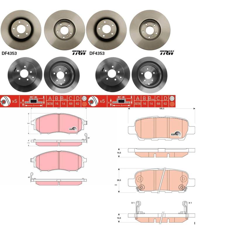 TRW Bremsscheiben + Beläge vorne + hinten passend für MURANO Z51 von BandelOne