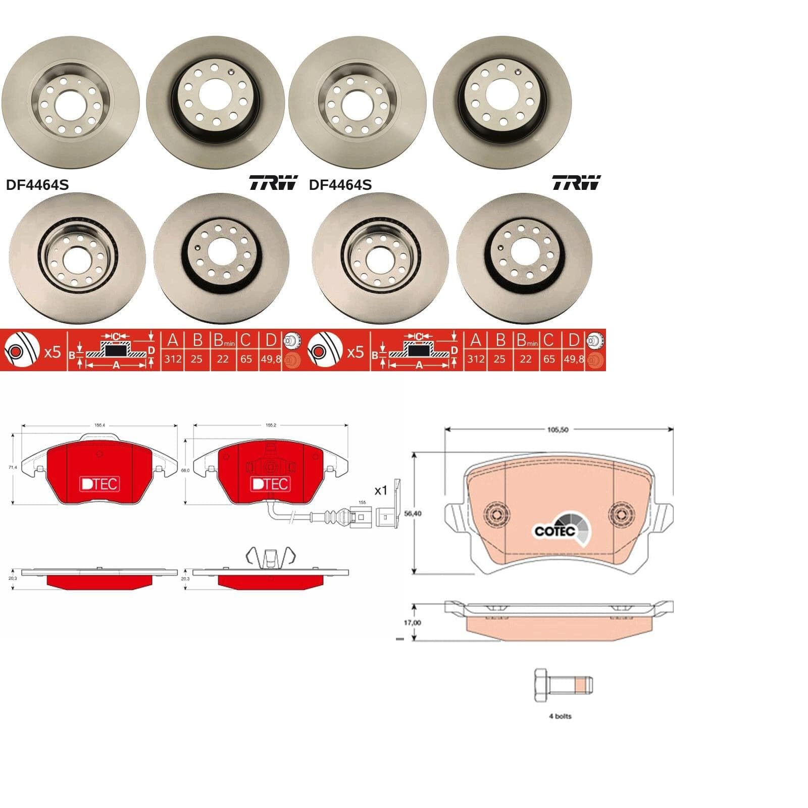 TRW Bremsscheiben + Beläge vorne + hinten passend für Passat 3C B6 B7 CC von BandelOne