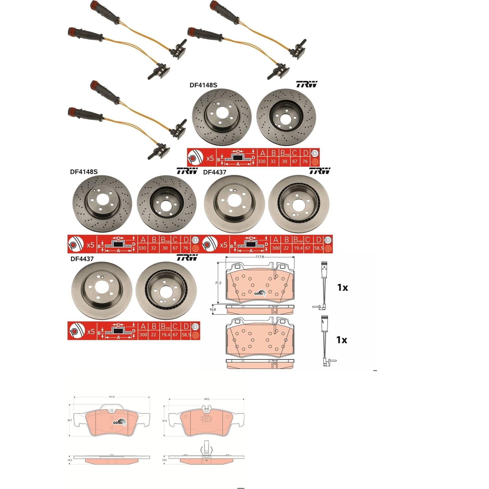 TRW Bremsscheiben + Beläge vorne + hinten passend für S-Klasse W220 von BandelOne