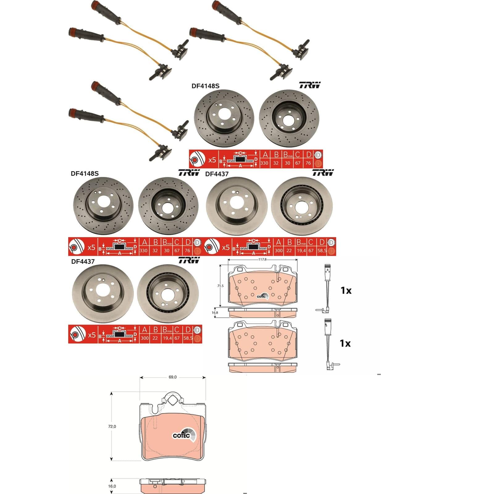 TRW Bremsscheiben + Beläge vorne + hinten passend für S-Klasse W220 von BandelOne